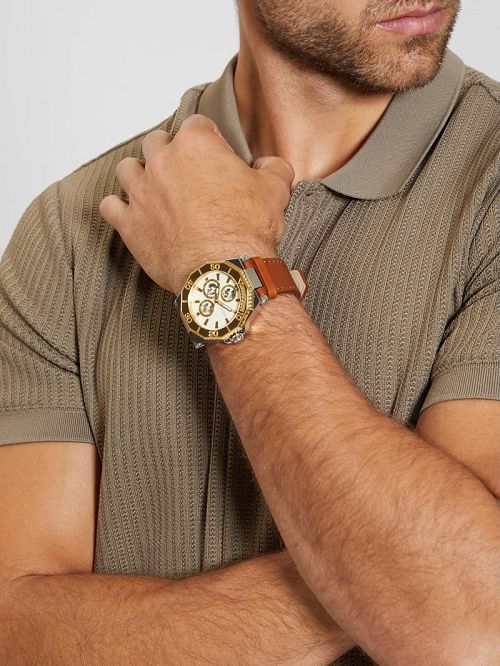 Guess Two-Tone and Brown Leather Multifunction Watch Goud | GUESS-SN31656