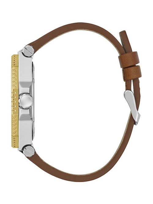 Guess Two-Tone and Brown Leather Multifunction Watch Goud | GUESS-SN31656