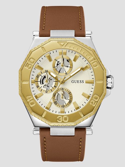 Guess Two-Tone and Brown Leather Multifunction Watch Goud | GUESS-SN31656
