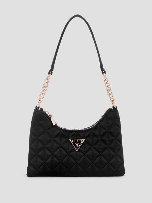 Guess Velina Quilted Satin Mini Shoulder Bag Zwart | GUESS-SN29140