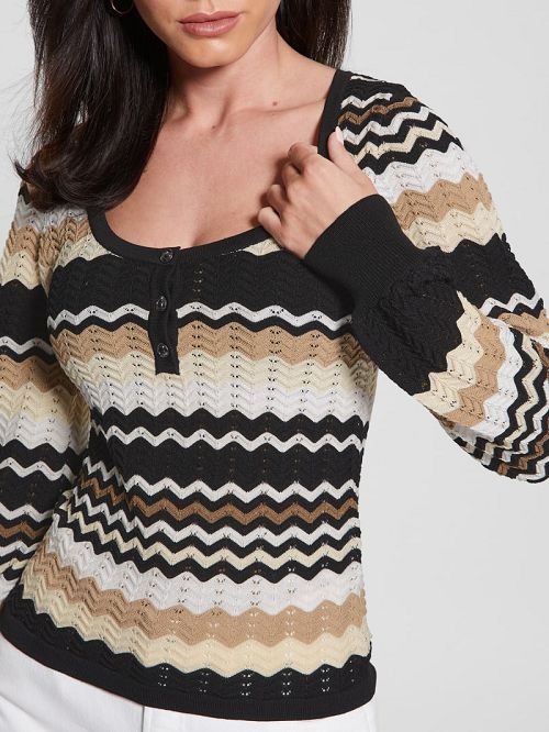 Guess Virginia Chevron Stripe Henley Sweater Zwart Wit | GUESS-SN27585