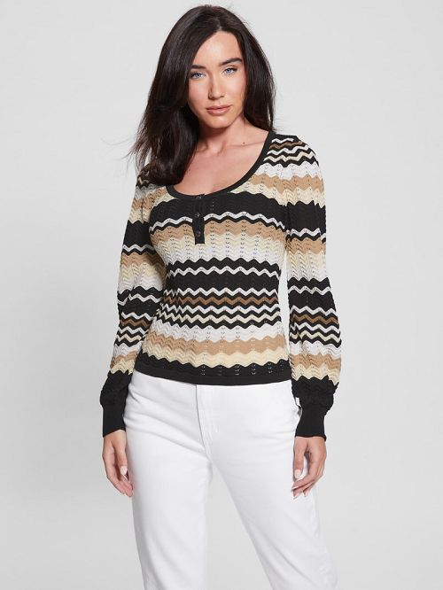 Guess Virginia Chevron Stripe Henley Sweater Zwart Wit | GUESS-SN27585
