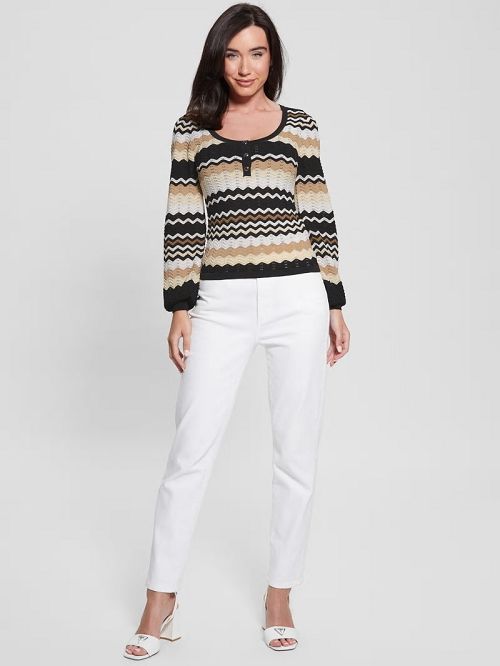Guess Virginia Chevron Stripe Henley Sweater Zwart Wit | GUESS-SN27821