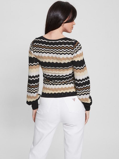 Guess Virginia Chevron Stripe Henley Sweater Zwart Wit | GUESS-SN27821