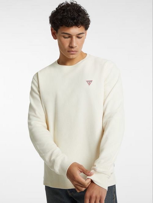 Guess Waffle-Knit Mini Triangle Long-Sleeve Tee Wit | GUESS-SN30995