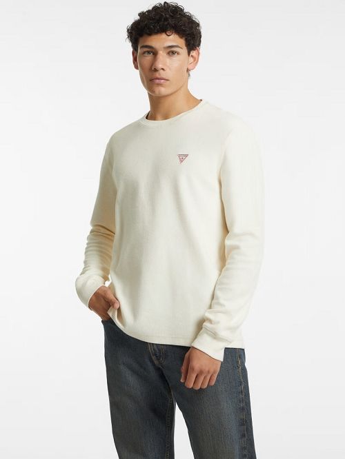 Guess Waffle-Knit Mini Triangle Long-Sleeve Tee Wit | GUESS-SN30995