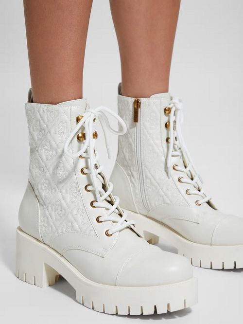 Guess Waite Embossed Lace-Up Moto Boots Wit | GUESS-SN29898